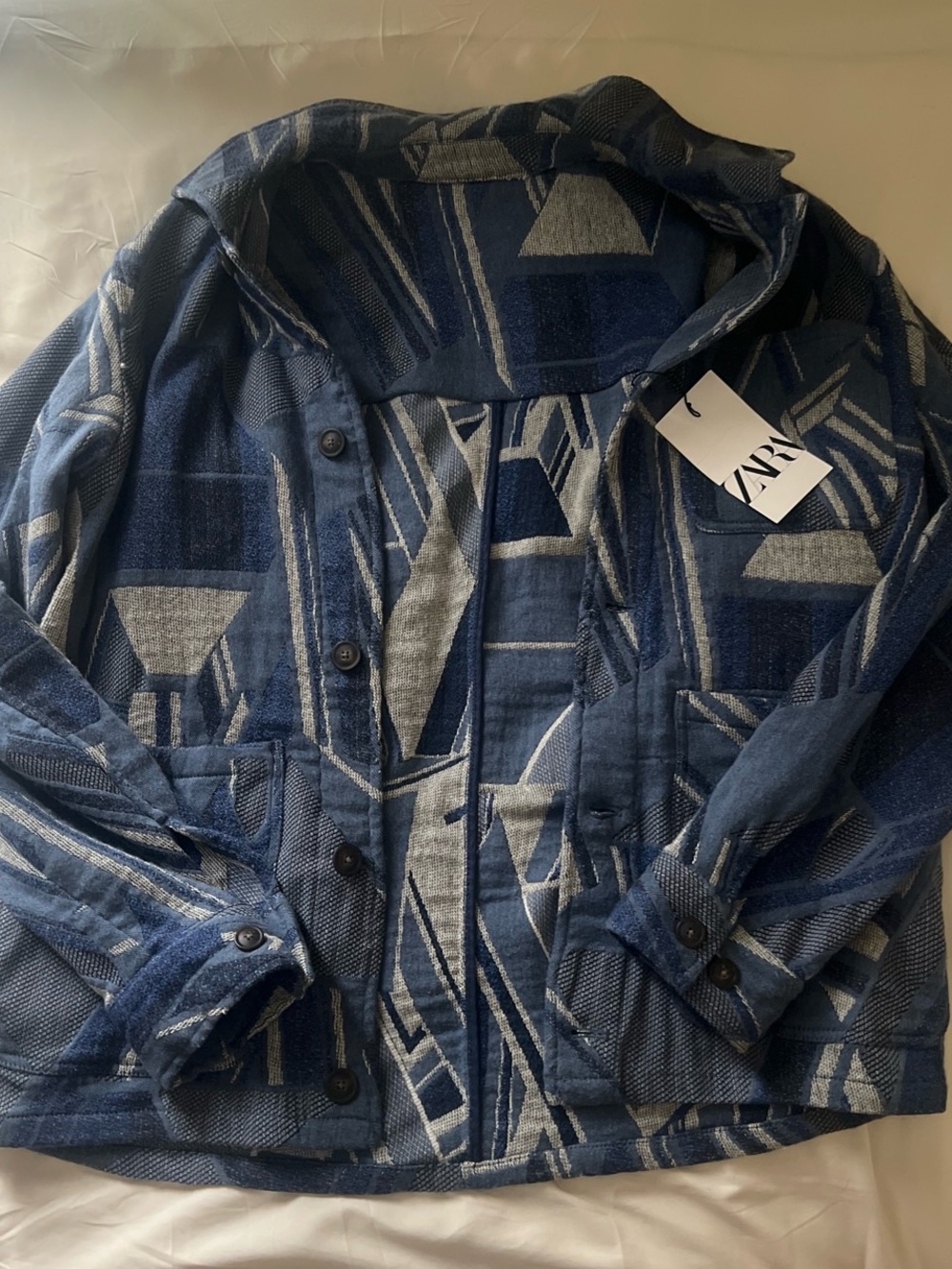 Zara Blue and Gray Geometric Lightweight Shirt Jacket
